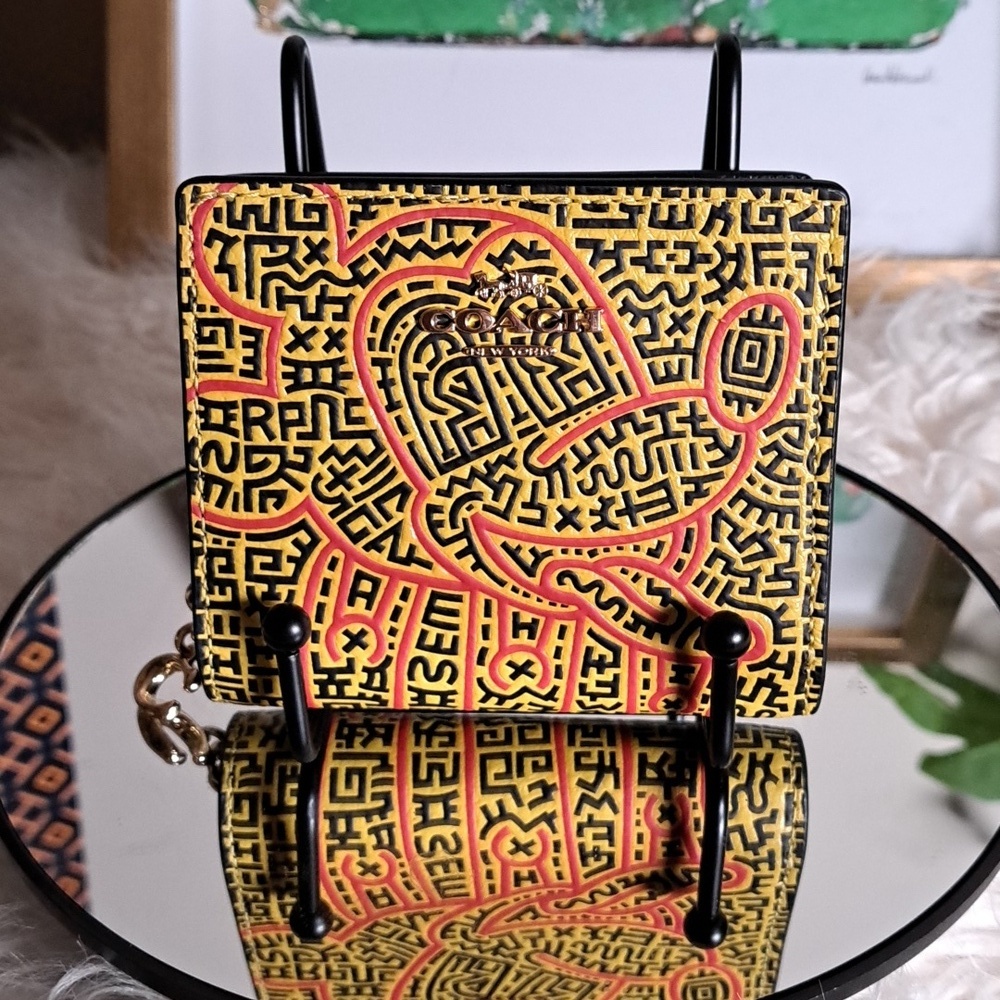 Coach NWTs Disney Mickey Maze Keith Haring Leather Snap Wallet Yellow Red